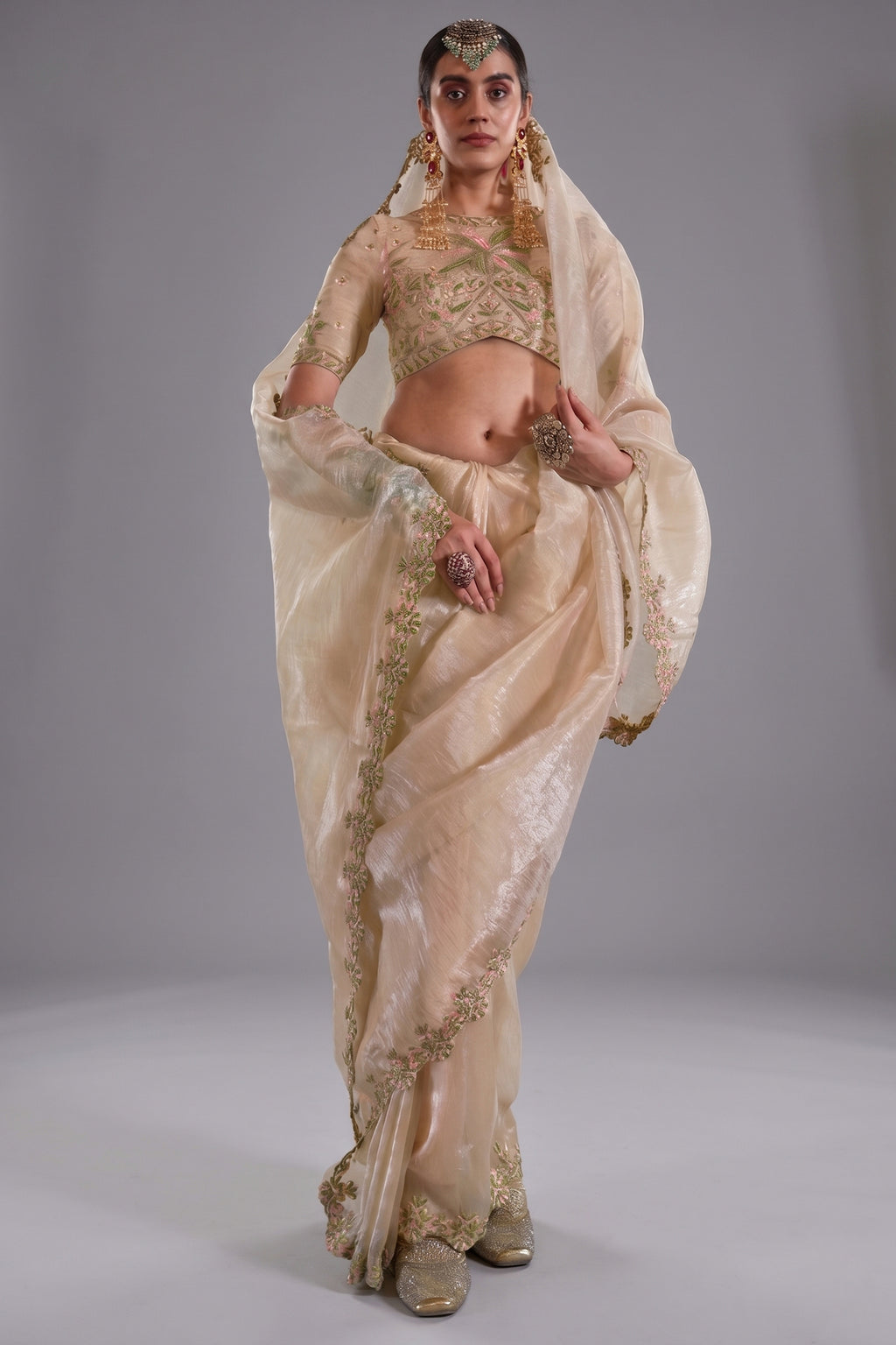 Ivory Cream Tissue Saree with Floral Embroidery and Scalloped Border