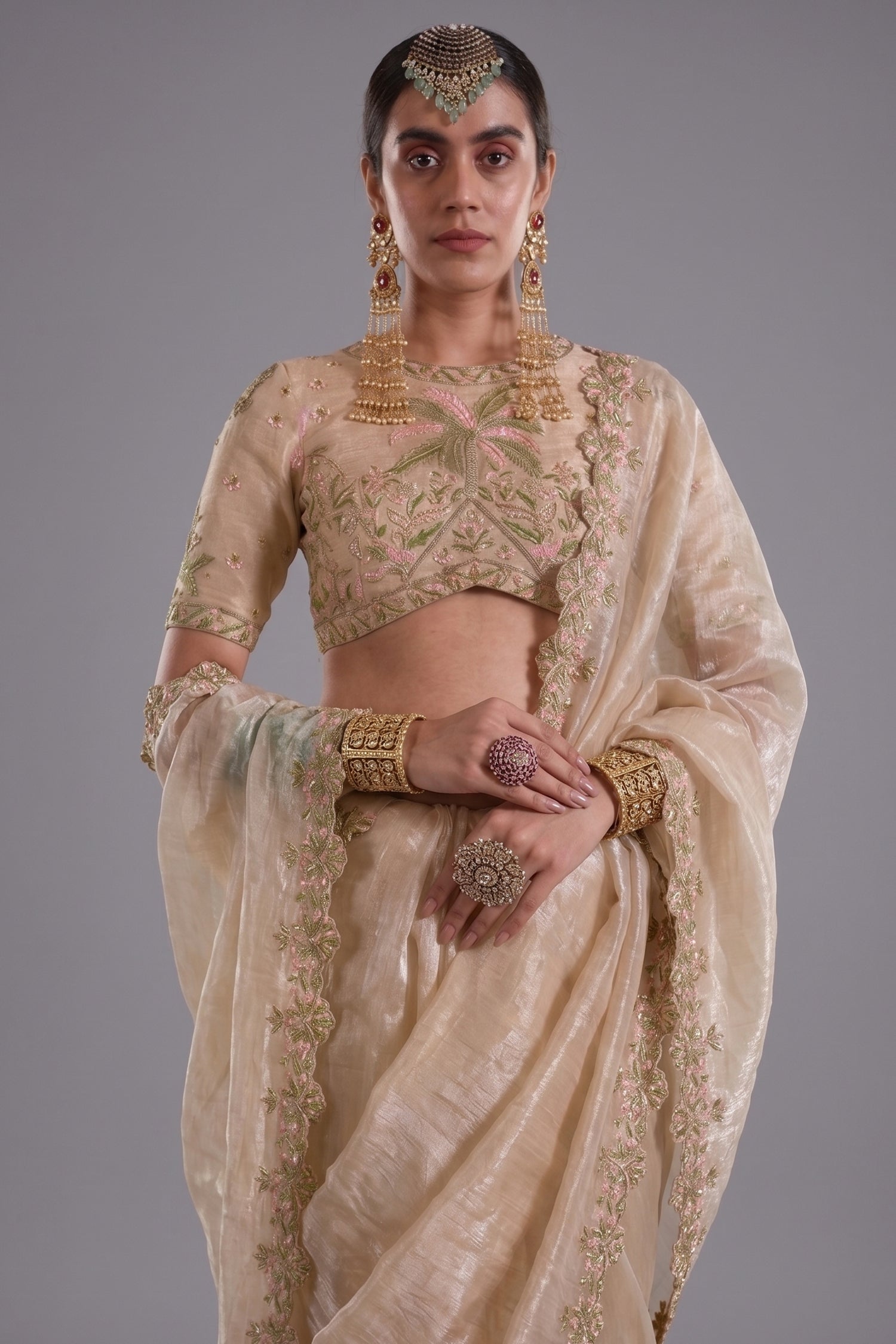 Ivory Cream Tissue Saree with Floral Embroidery and Scalloped Border Secondary image