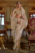 Ivory Cream Tissue Saree with Floral Embroidery and Scalloped Border
