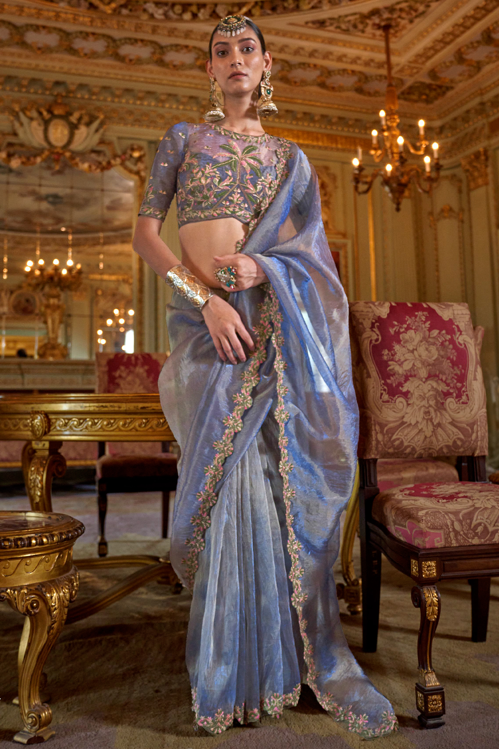 Periwinkle Blue Tissue Saree with Floral Embroidery and Scalloped Border