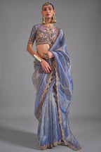 Periwinkle Blue Tissue Saree with Floral Embroidery and Scalloped Border