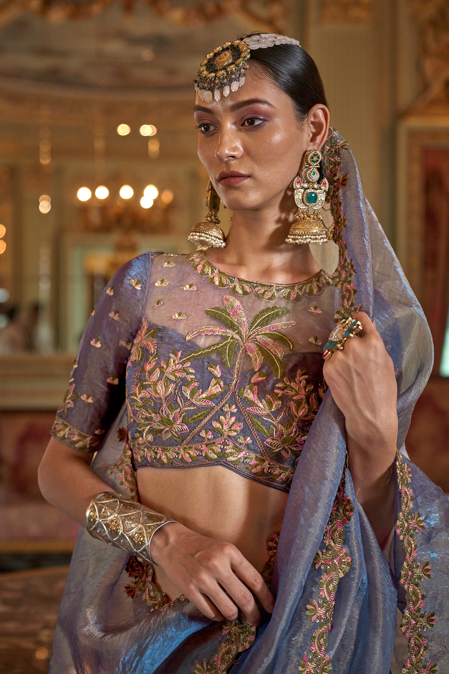 Periwinkle Blue Tissue Saree with Floral Embroidery and Scalloped Border