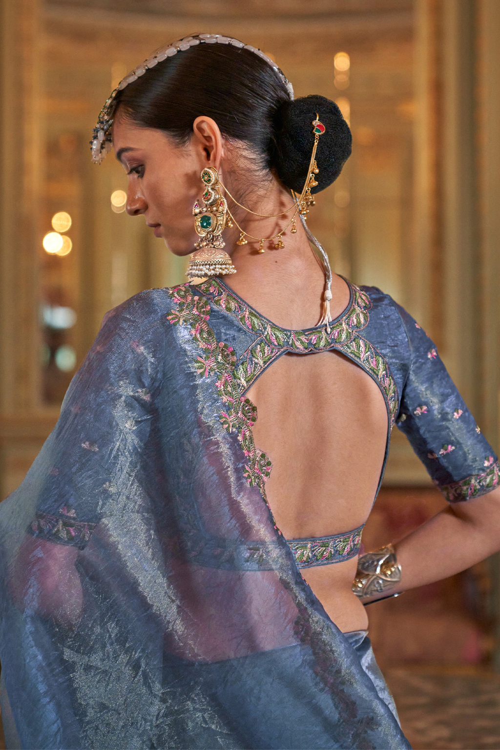 Periwinkle Blue Tissue Saree with Floral Embroidery and Scalloped Border