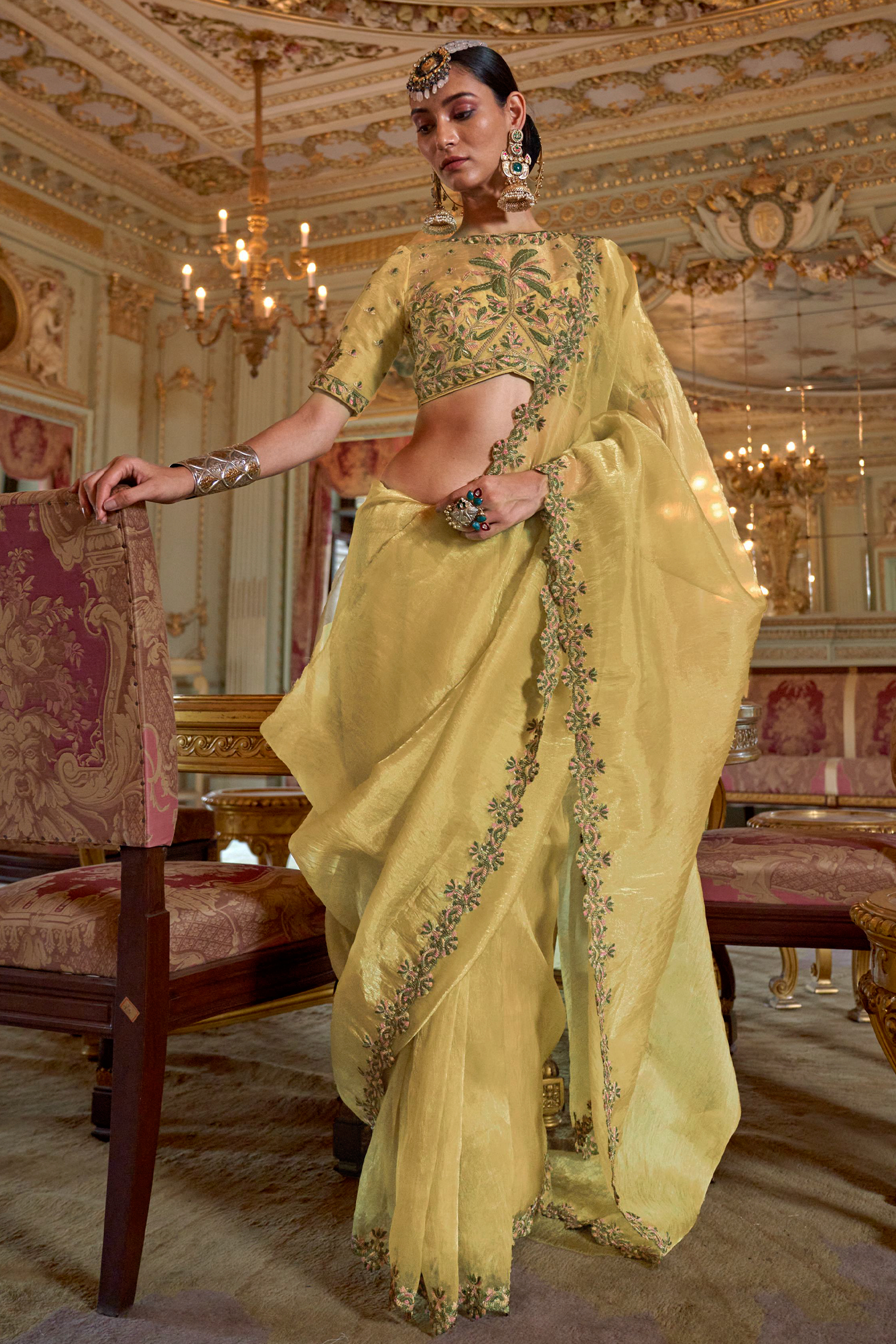 Olive Gold Tissue Saree with Embroidered Scalloped Border
