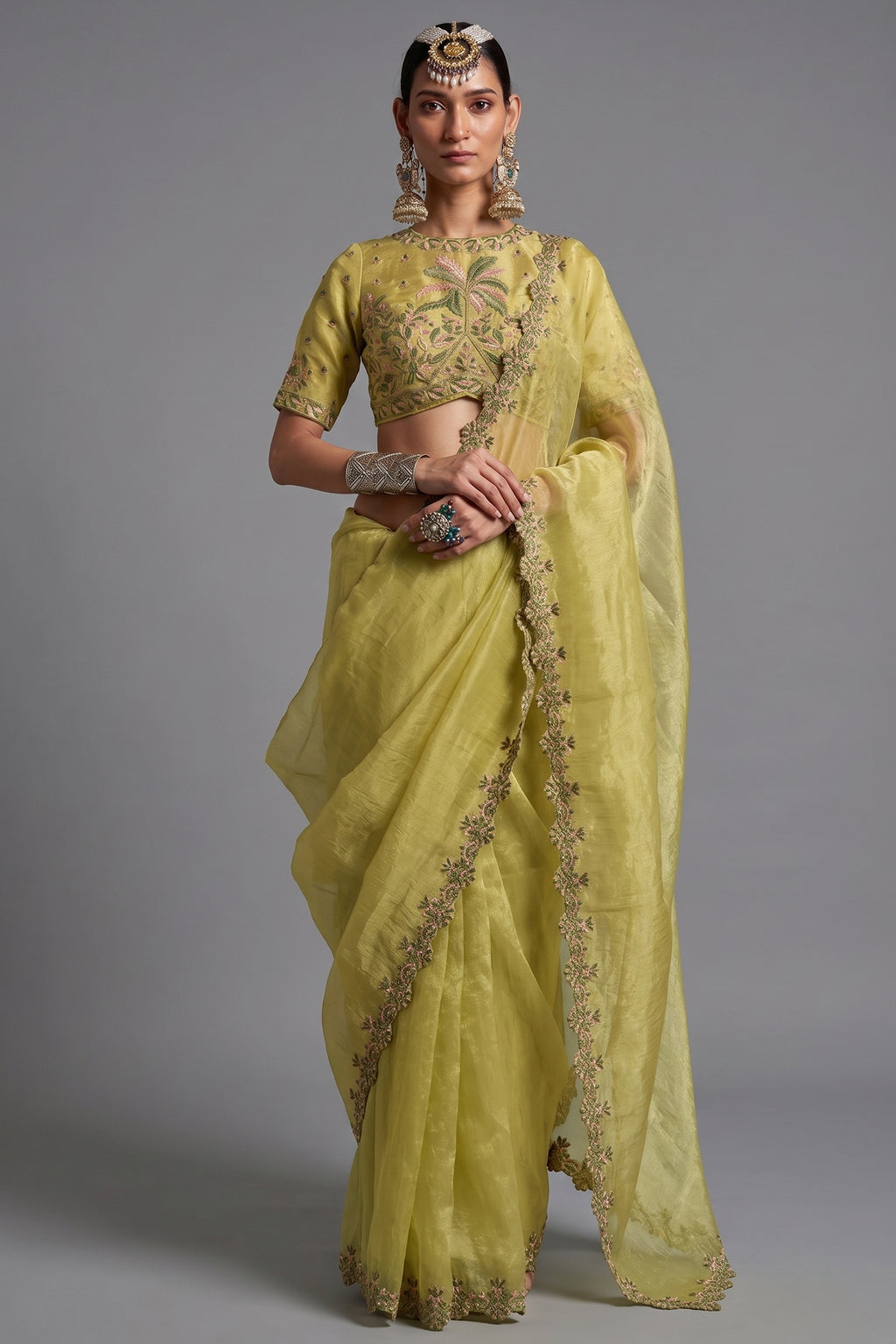 Olive Gold Tissue Saree with Embroidered Scalloped Border