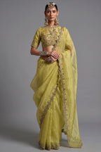 Olive Gold Tissue Saree with Embroidered Scalloped Border