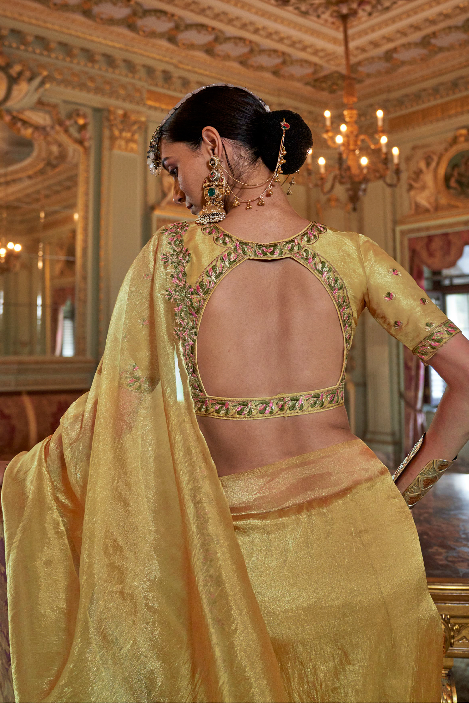 Olive Gold Tissue Saree with Embroidered Scalloped Border