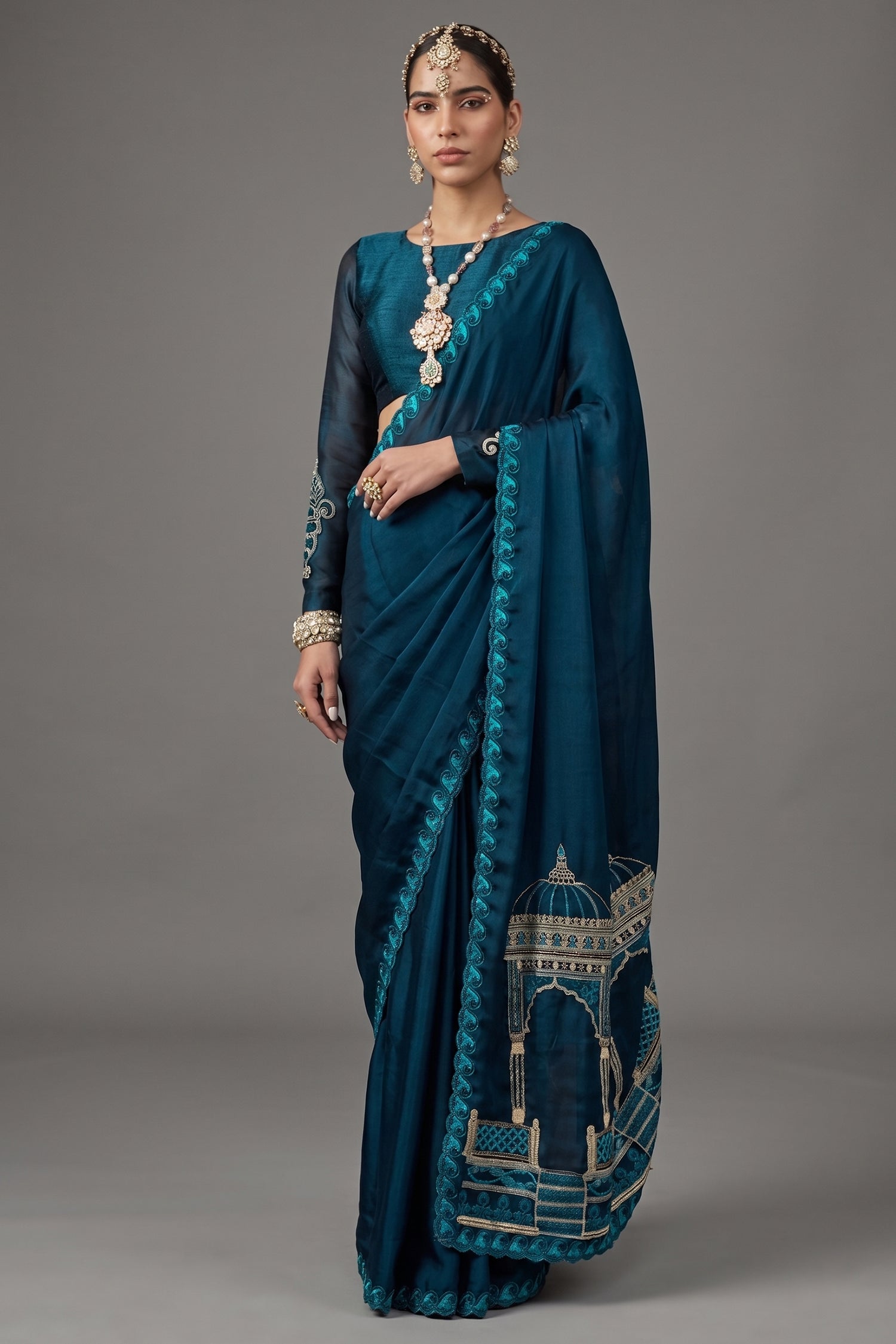 Deep Teal Satin Chiffon Saree with Architectural Embroidered Pallu