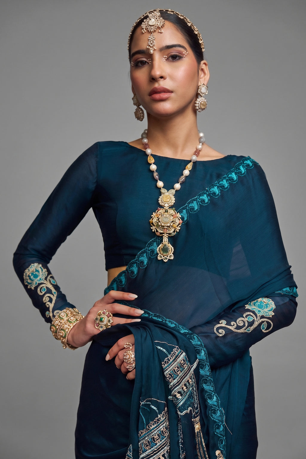 Deep Teal Satin Chiffon Saree with Architectural Embroidered Pallu