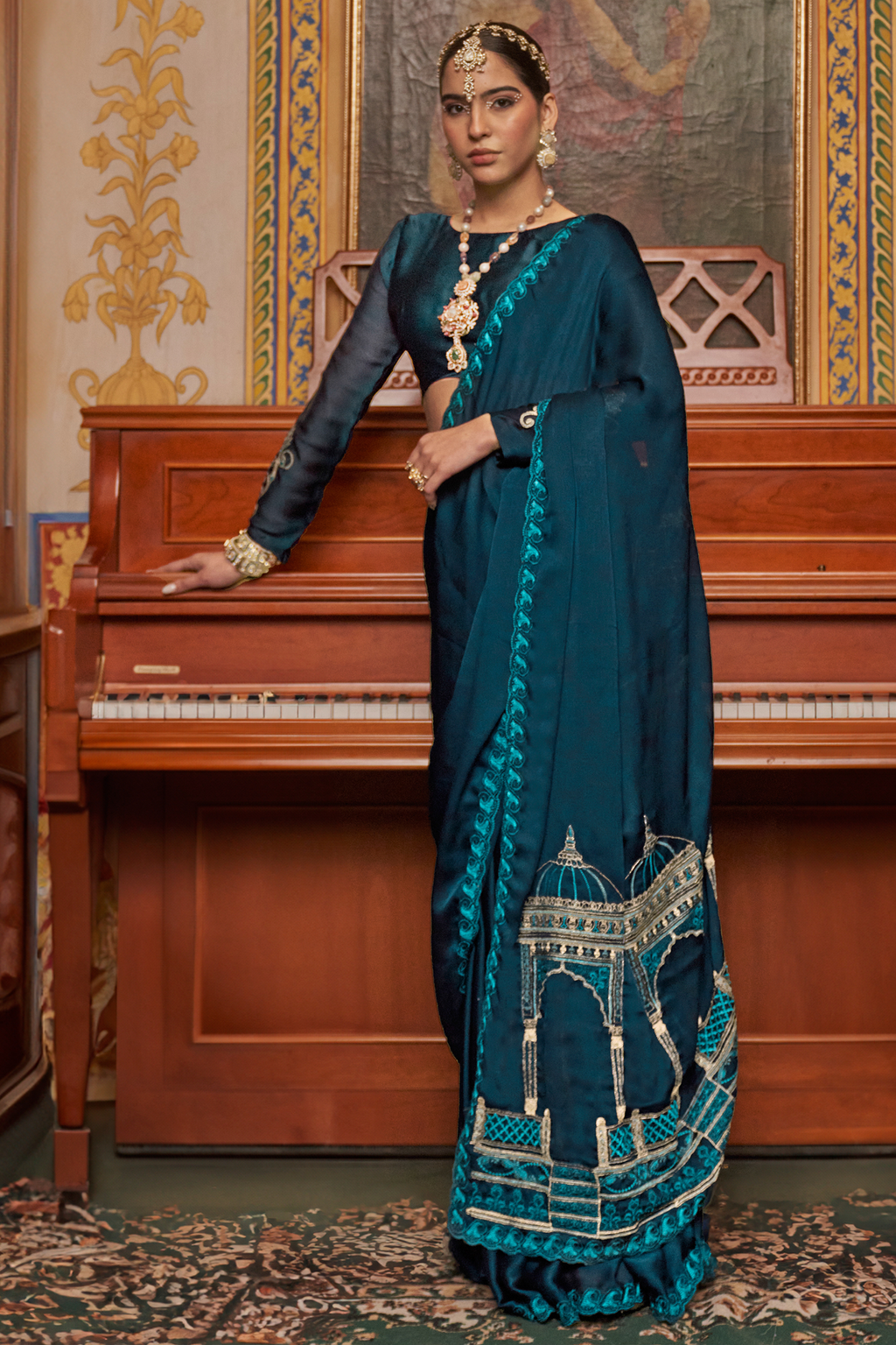 Deep Teal Satin Chiffon Saree with Architectural Embroidered Pallu