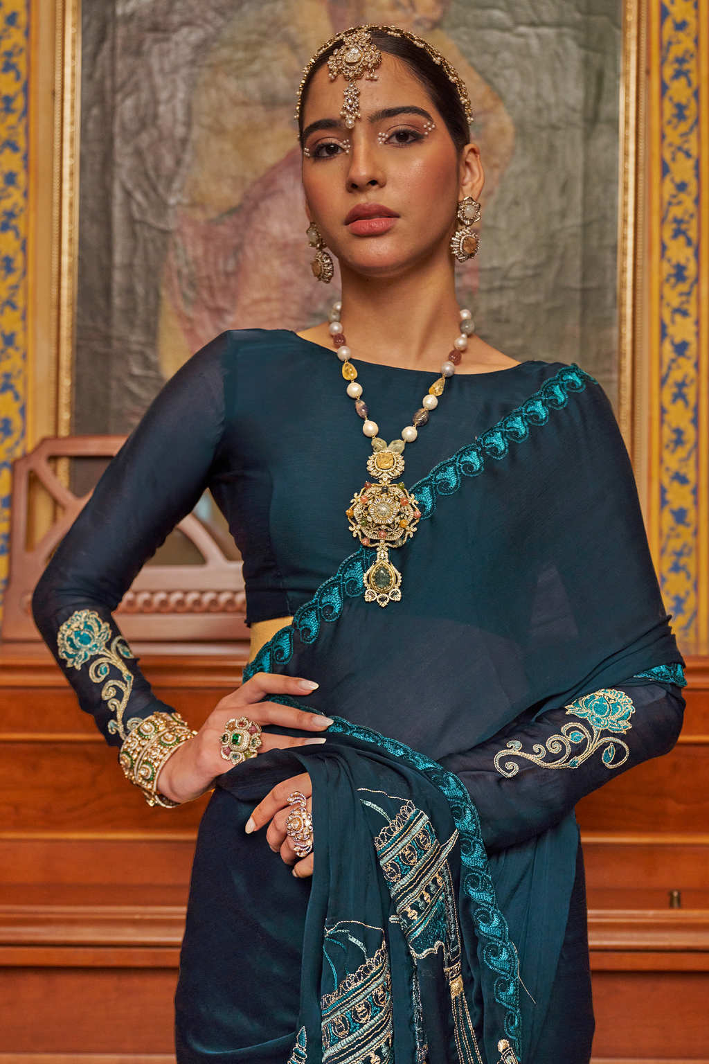 Deep Teal Satin Chiffon Saree with Architectural Embroidered Pallu
