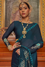 Deep Teal Satin Chiffon Saree with Architectural Embroidered Pallu