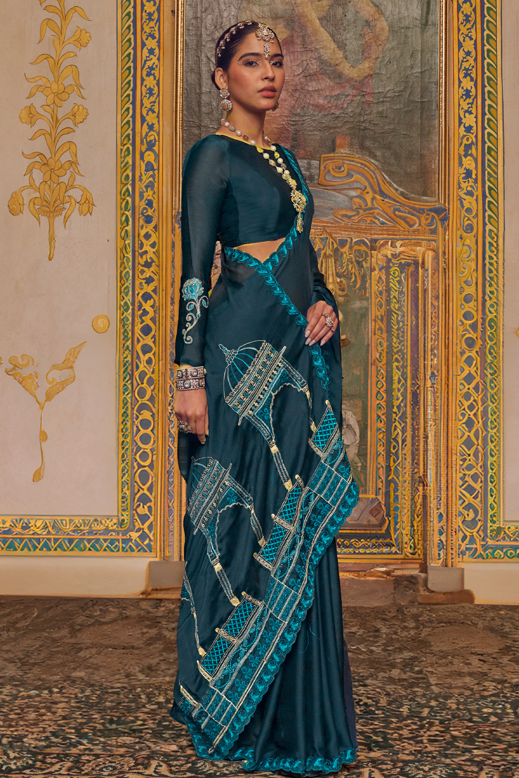 Deep Teal Satin Chiffon Saree with Architectural Embroidered Pallu