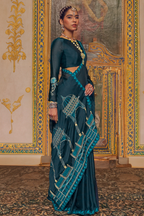 Deep Teal Satin Chiffon Saree with Architectural Embroidered Pallu