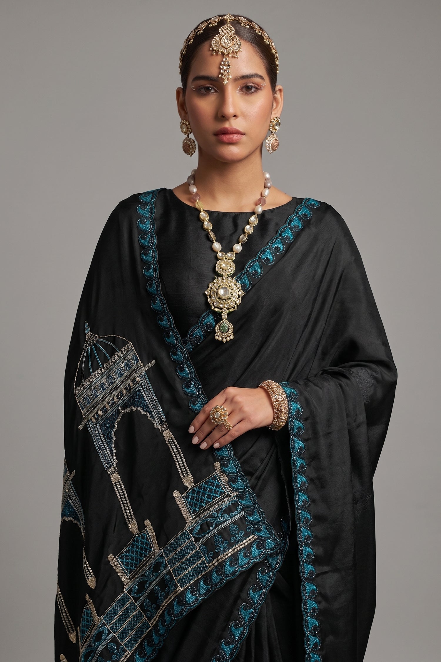 Black Satin Chiffon Saree with Architectural Embroidered Pallu Secondary image