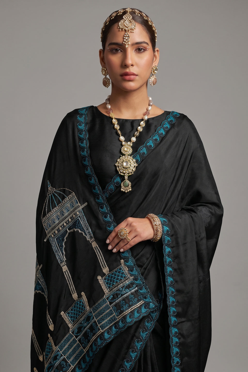 Black Satin Chiffon Saree with Architectural Embroidered Pallu