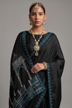 Black Satin Chiffon Saree with Architectural Embroidered Pallu