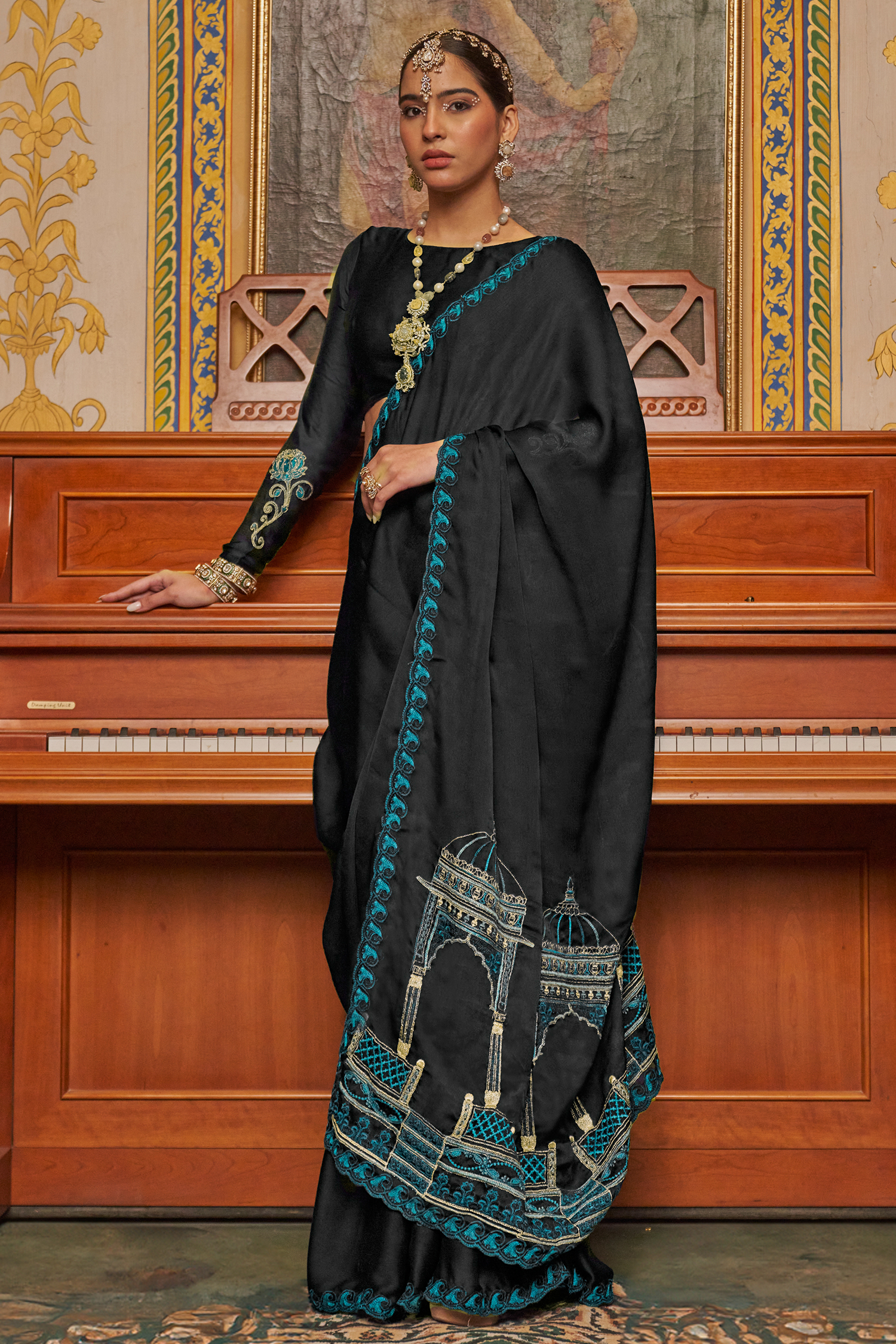 Black Satin Chiffon Saree with Architectural Embroidered Pallu
