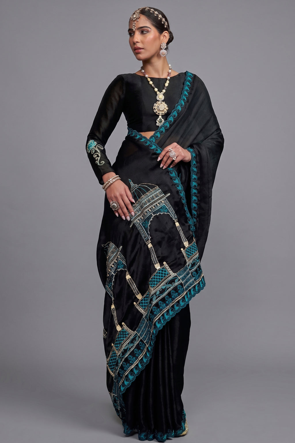 Black Satin Chiffon Saree with Architectural Embroidered Pallu