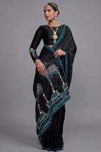 Black Satin Chiffon Saree with Architectural Embroidered Pallu