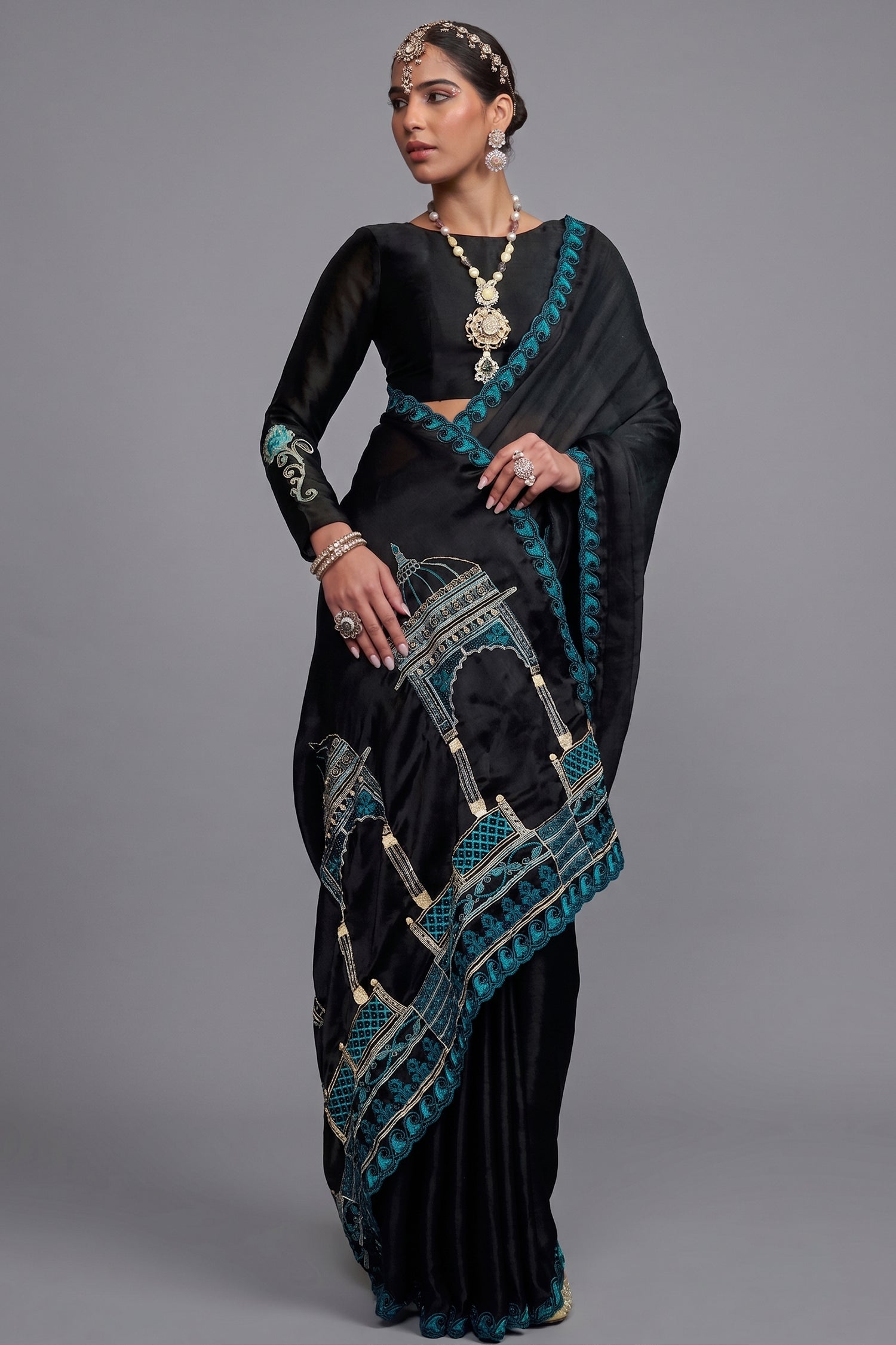 Black Satin Chiffon Saree with Architectural Embroidered Pallu