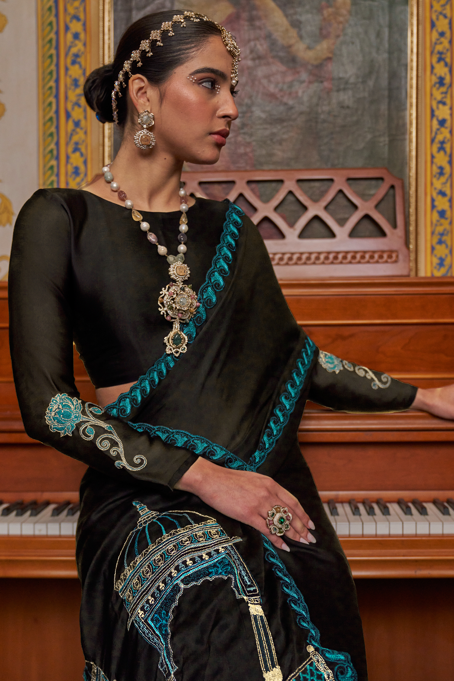 Black Satin Chiffon Saree with Architectural Embroidered Pallu