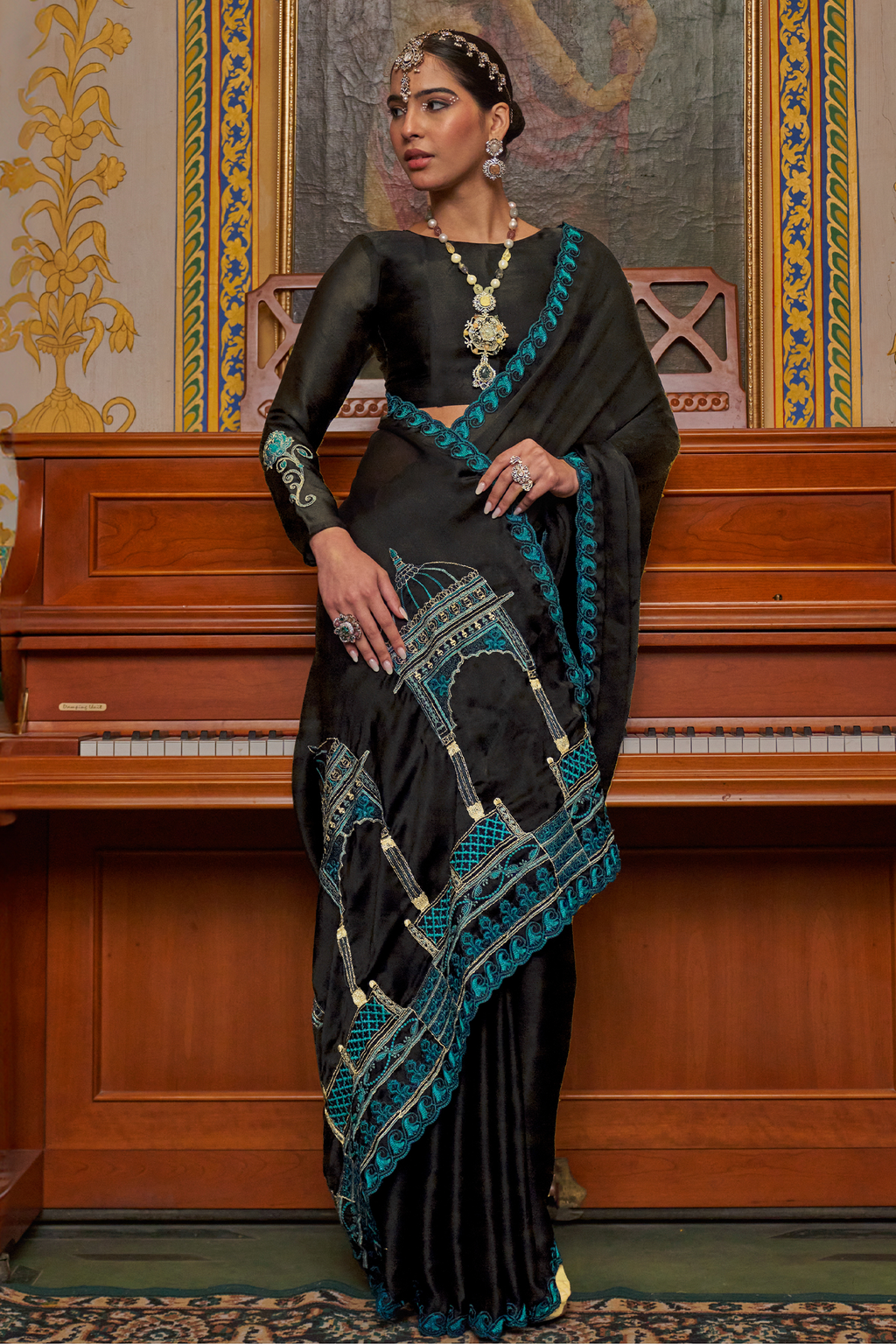 Black Satin Chiffon Saree with Architectural Embroidered Pallu