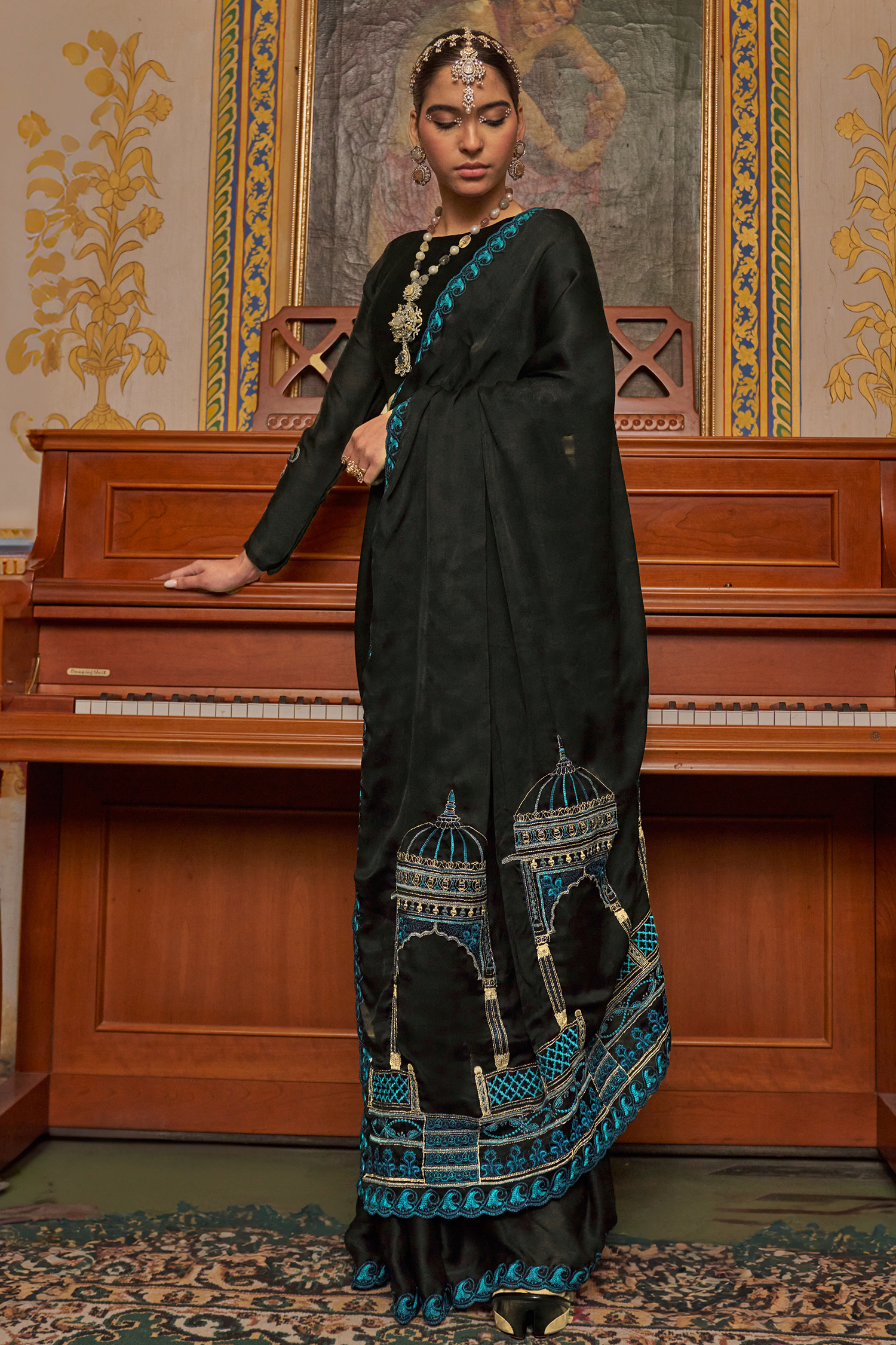 Black Satin Chiffon Saree with Architectural Embroidered Pallu
