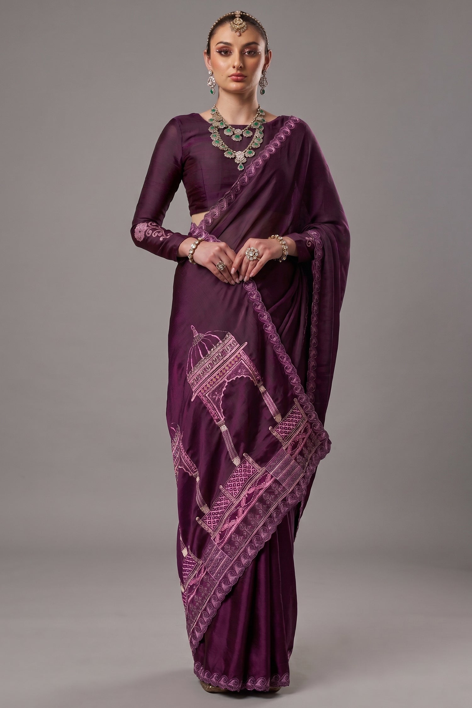 Rich Plum Purple Satin Chiffon Saree with Architectural Embroidered Pallu Main image