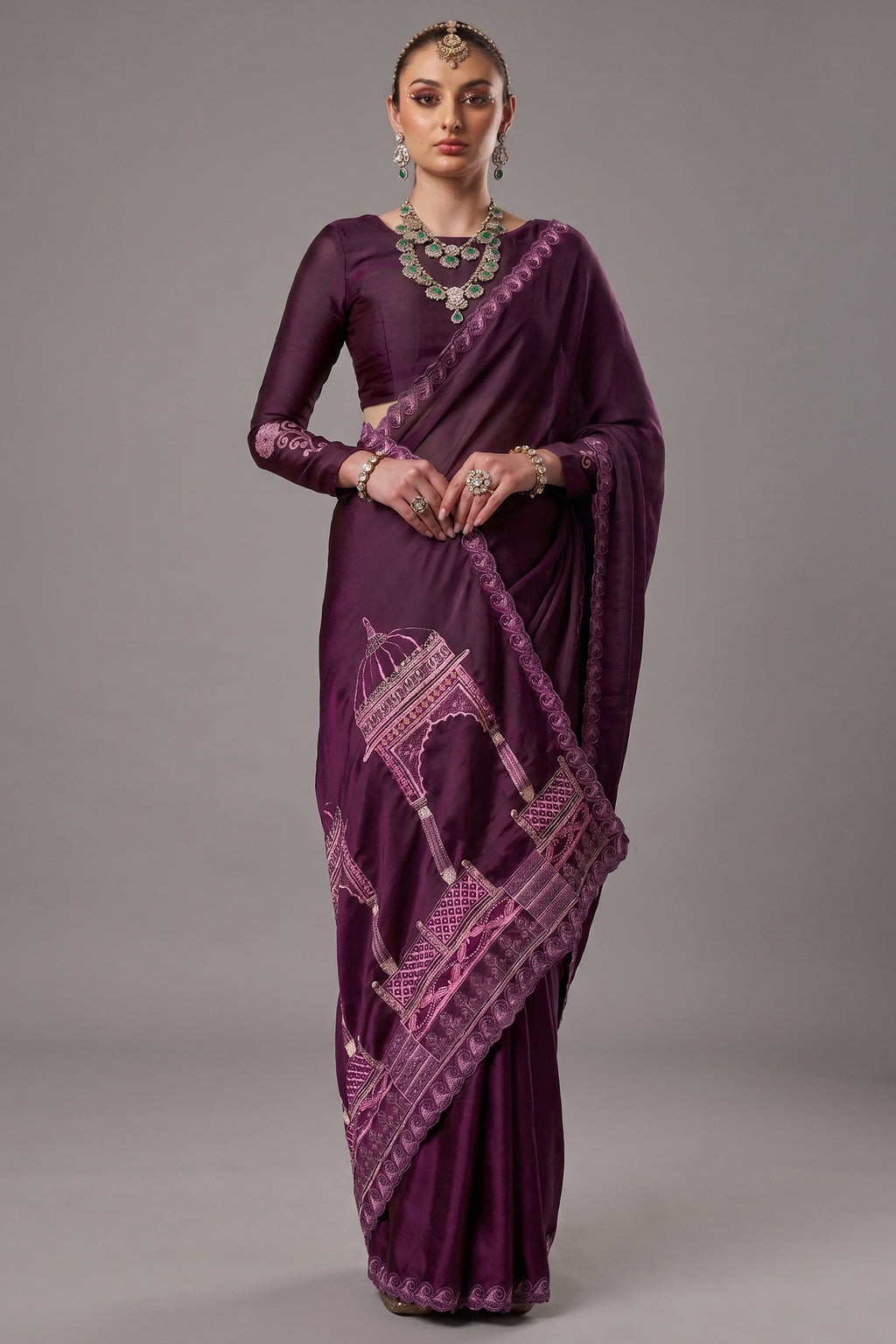 Rich Plum Purple Satin Chiffon Saree with Architectural Embroidered Pallu