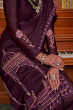 Rich Plum Purple Satin Chiffon Saree with Architectural Embroidered Pallu