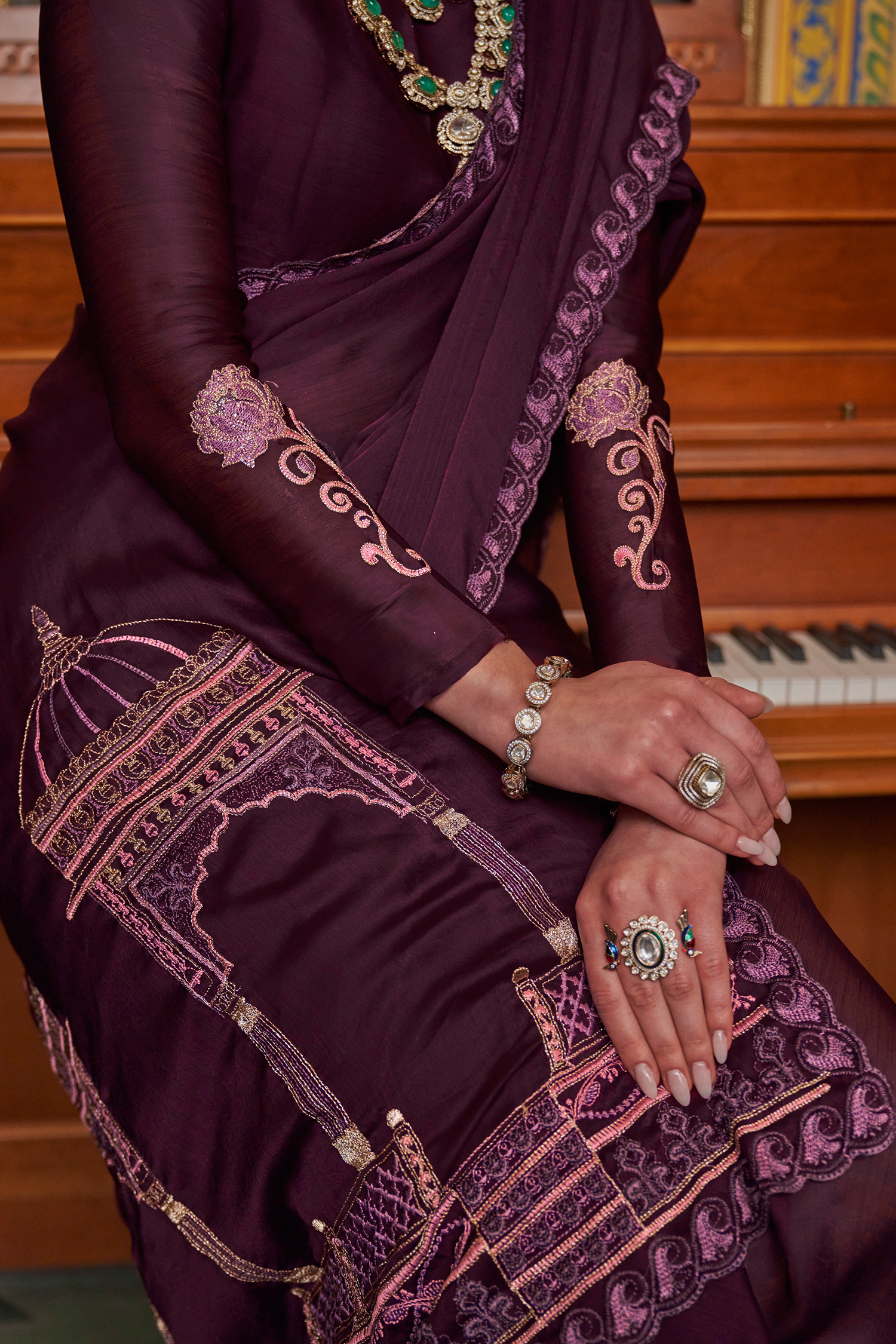Rich Plum Purple Satin Chiffon Saree with Architectural Embroidered Pallu