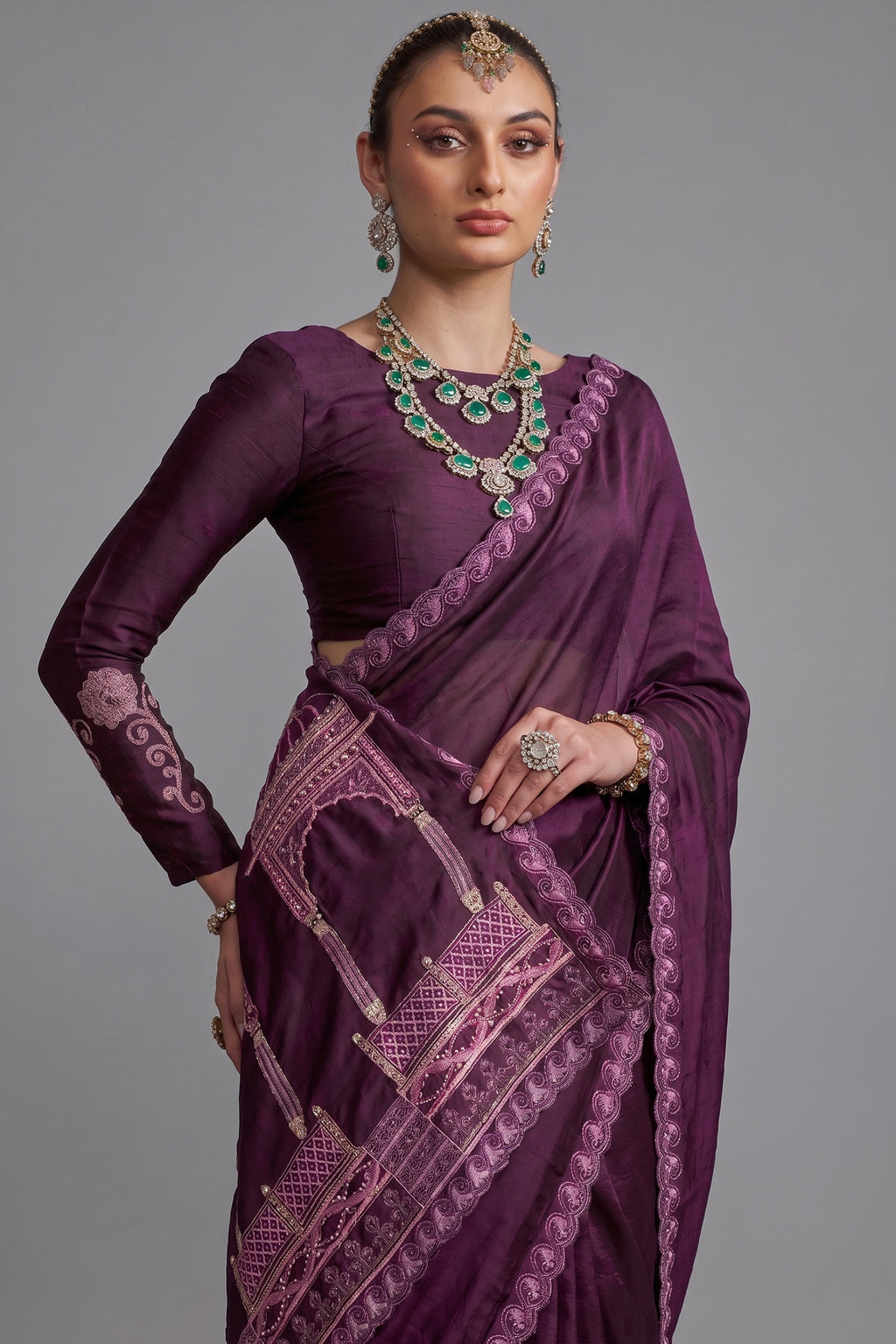Rich Plum Purple Satin Chiffon Saree with Architectural Embroidered Pallu