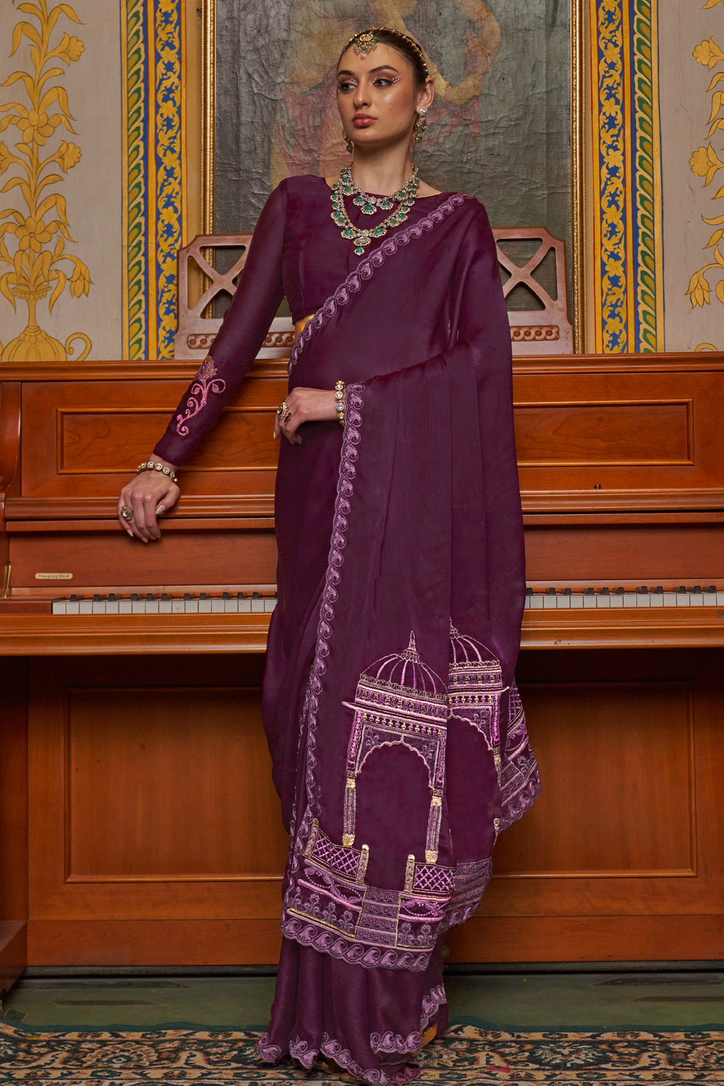 Rich Plum Purple Satin Chiffon Saree with Architectural Embroidered Pallu
