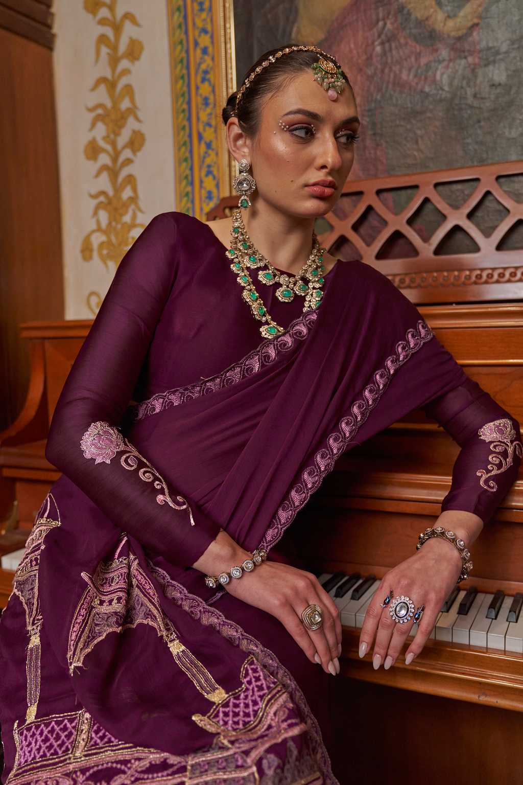 Rich Plum Purple Satin Chiffon Saree with Architectural Embroidered Pallu