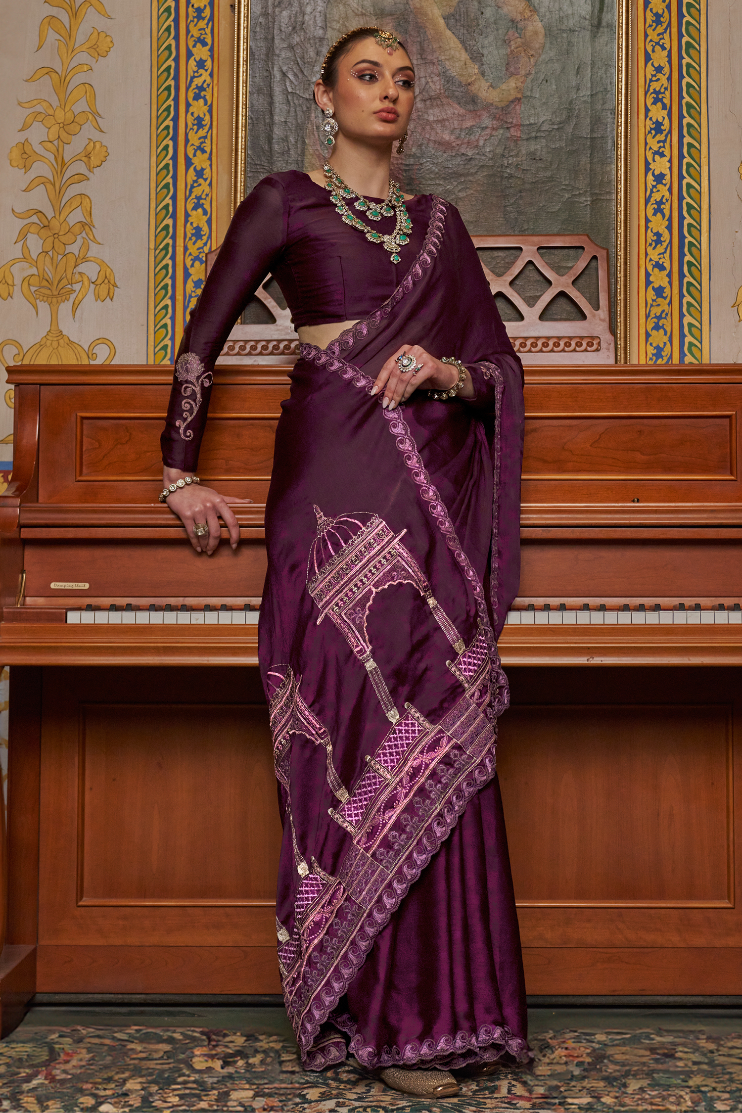 Rich Plum Purple Satin Chiffon Saree with Architectural Embroidered Pallu