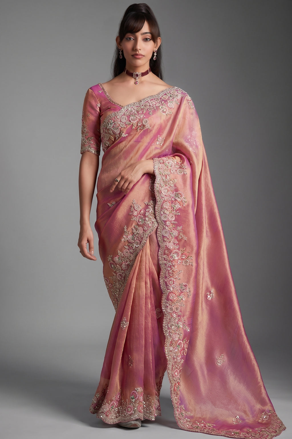 Rose Pink Tissue Organza with Scalloped Embroidery