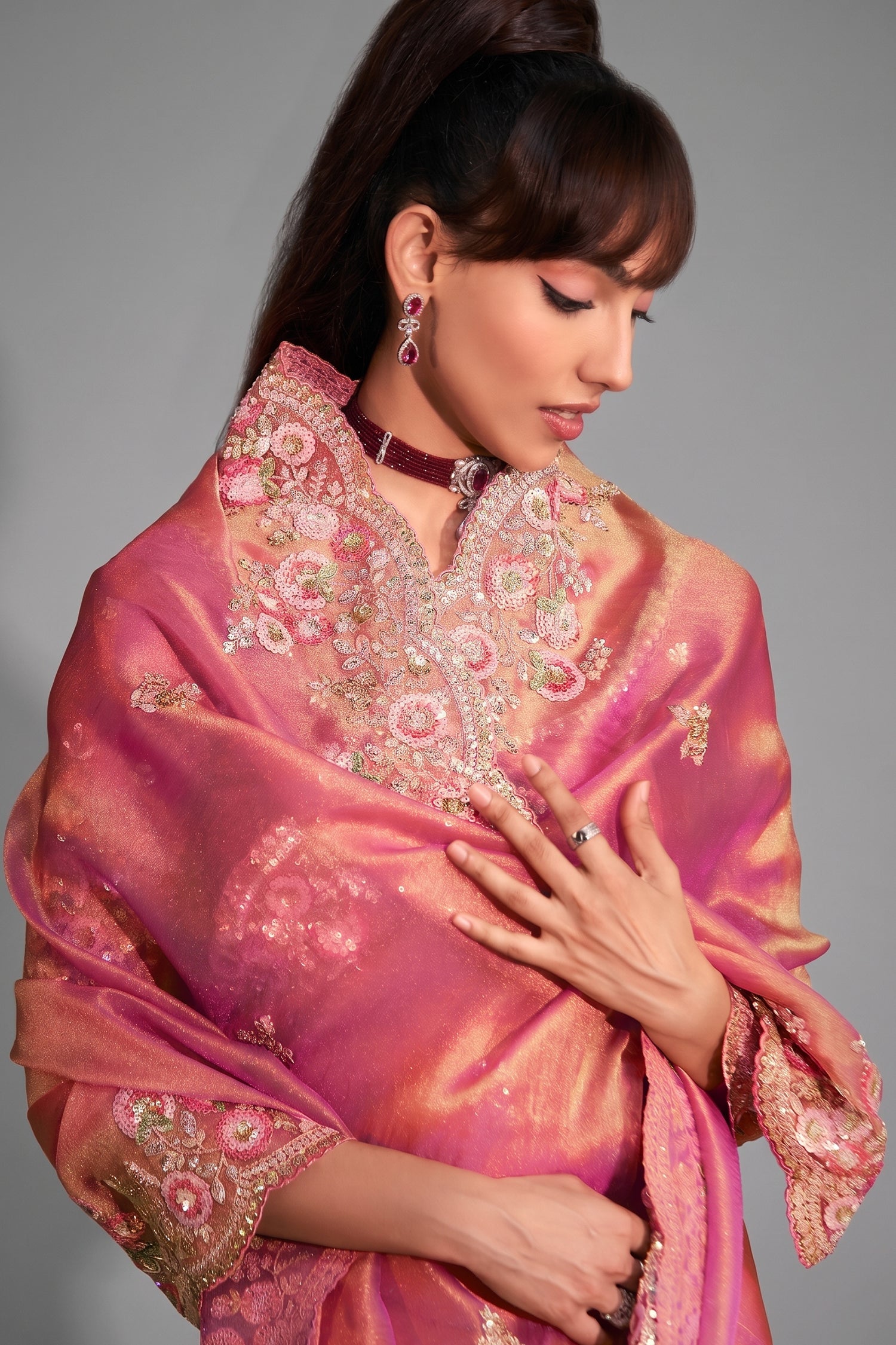 Rose Pink Tissue Organza with Scalloped Embroidery Secondary image