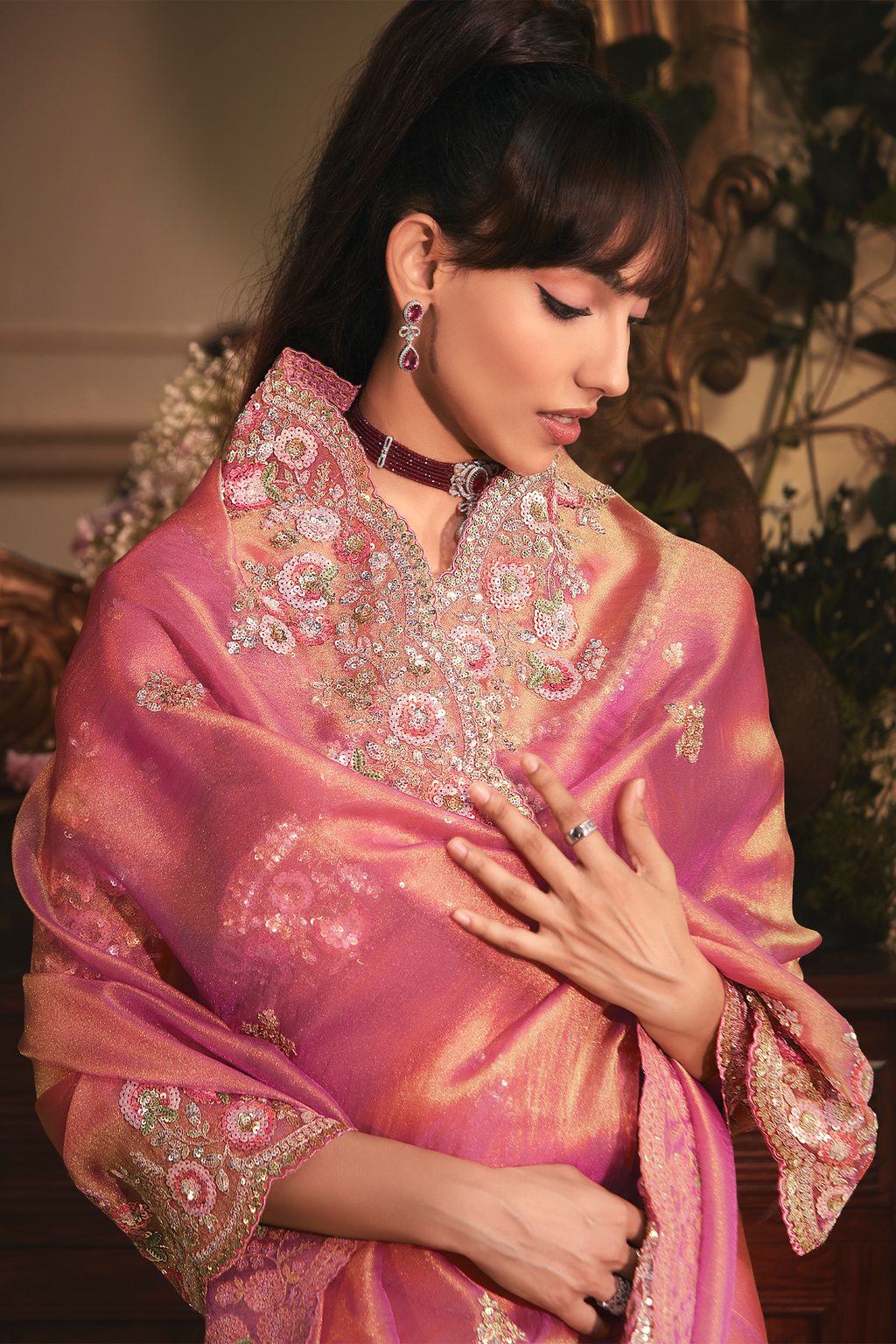 Rose Pink Tissue Organza with Scalloped Embroidery