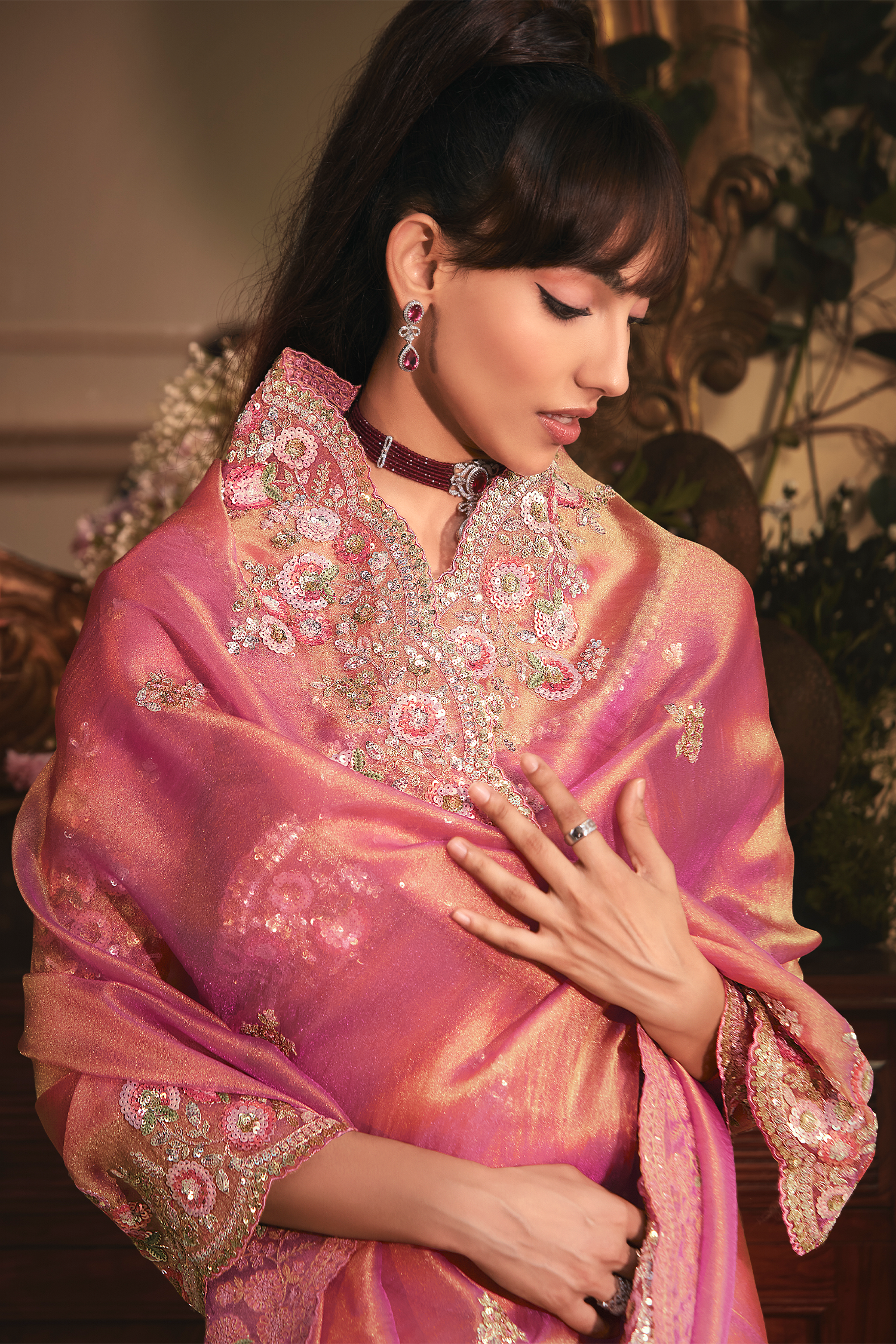 Rose Pink Tissue Organza with Scalloped Embroidery