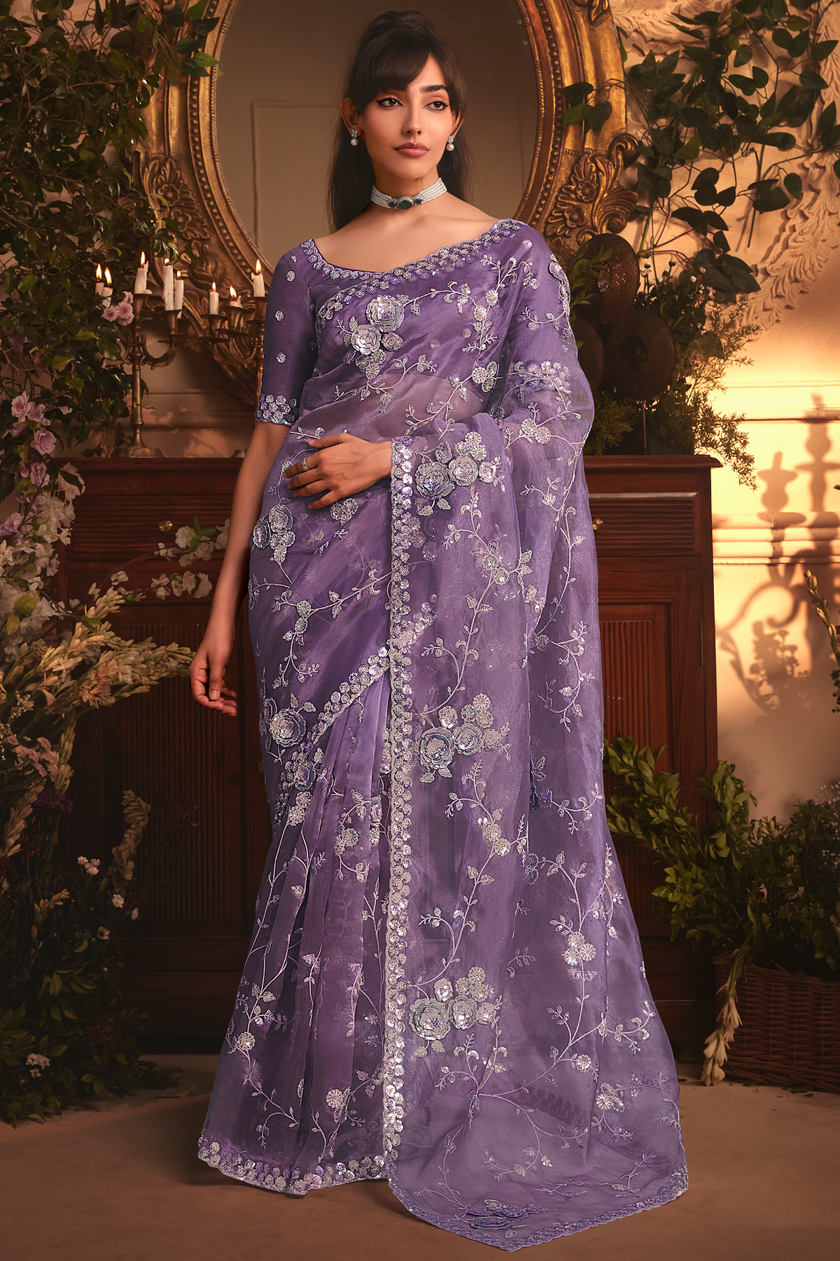 Lavender Purple Tissue Organza with All Over Floral Embroidery
