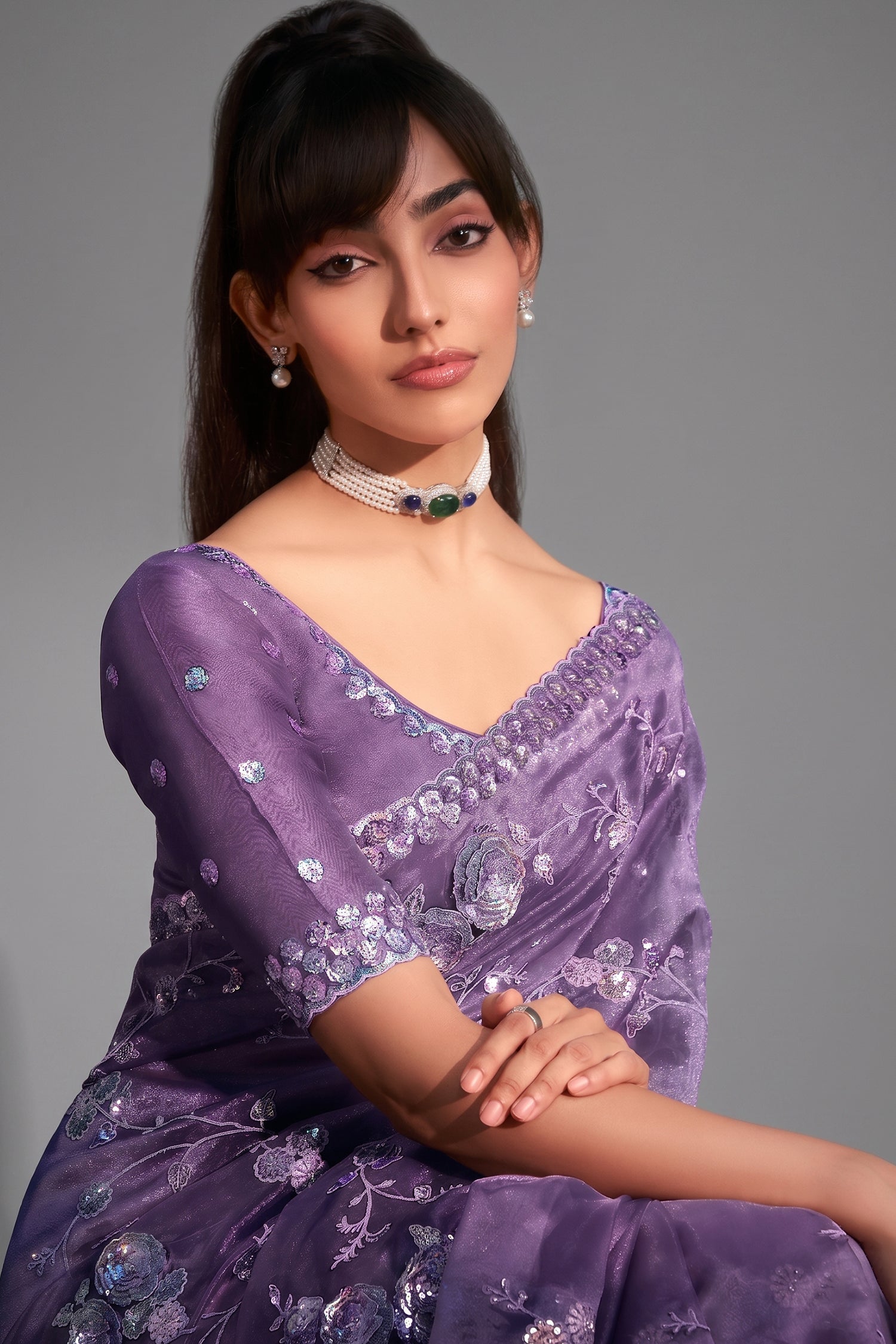 Lavender Purple Tissue Organza with All Over Floral Embroidery Secondary image