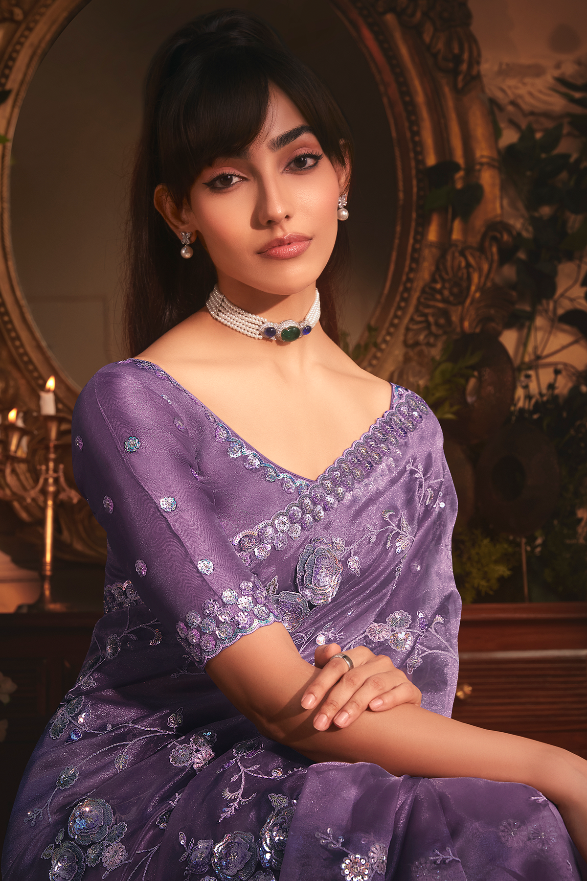 Lavender Purple Tissue Organza with All Over Floral Embroidery