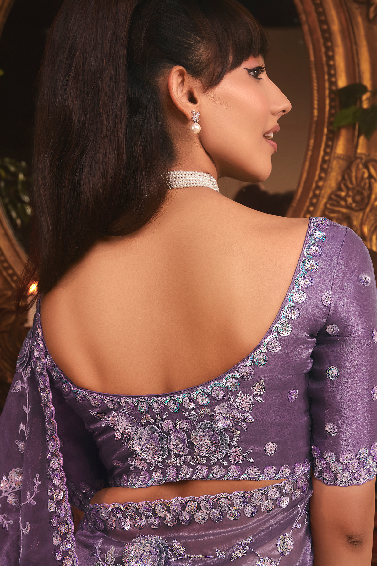 Lavender Purple Tissue Organza with All Over Floral Embroidery