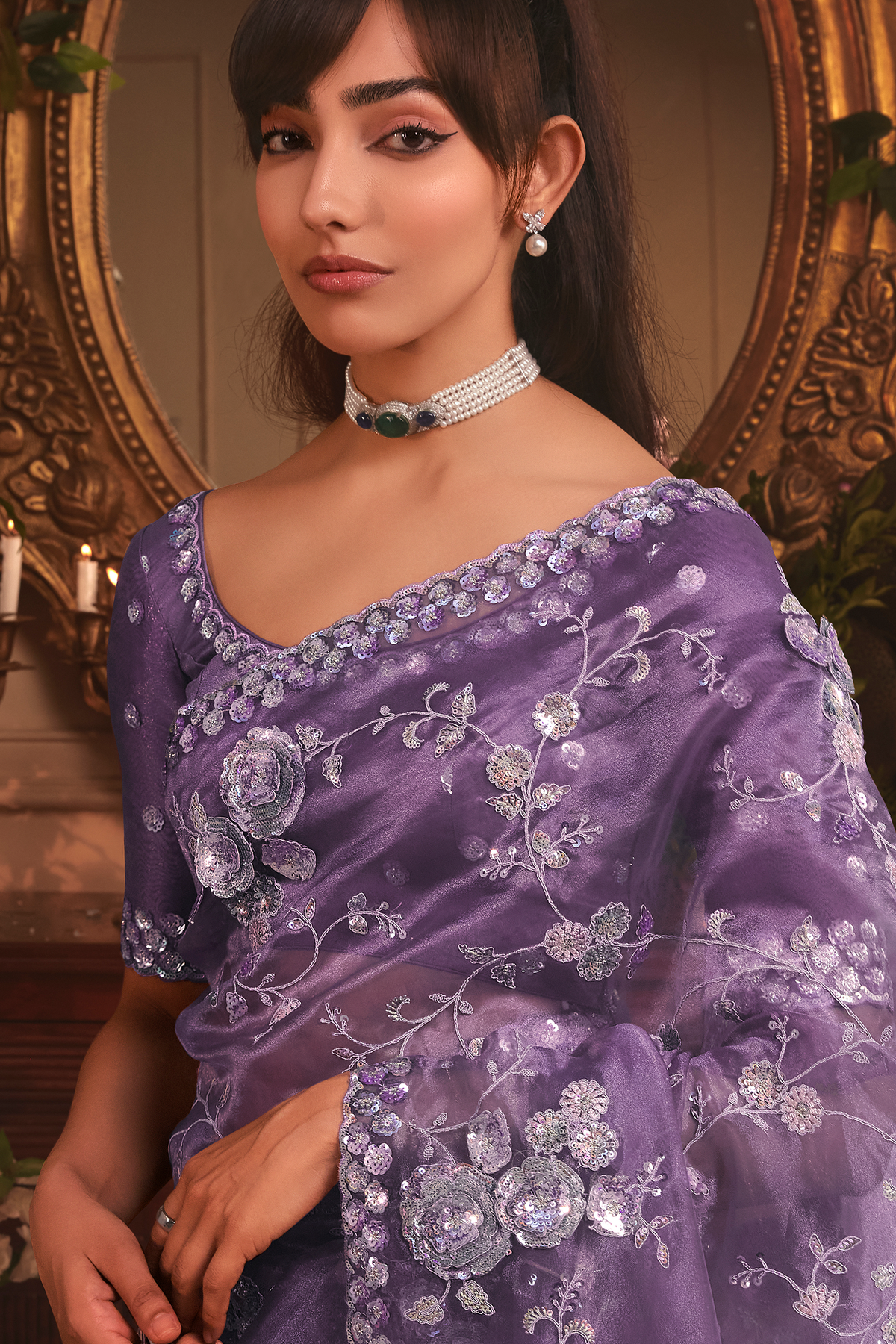 Lavender Purple Tissue Organza with All Over Floral Embroidery