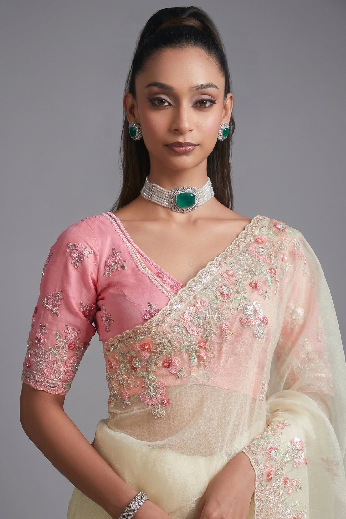 Ivory Cream Tissue with Pastel Pink Floral Embroidered Border & Shimmer Highlights
