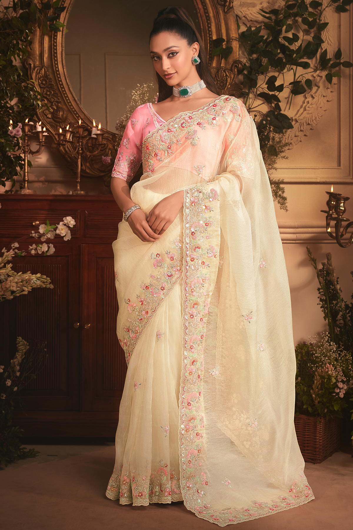 Ivory Cream Tissue with Pastel Pink Floral Embroidered Border & Shimmer Highlights