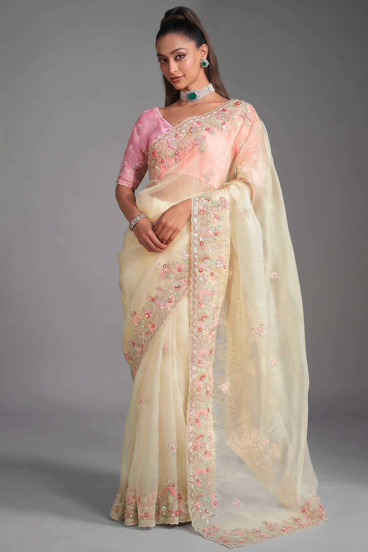 Ivory Cream Tissue with Pastel Pink Floral Embroidered Border & Shimmer Highlights Main image
