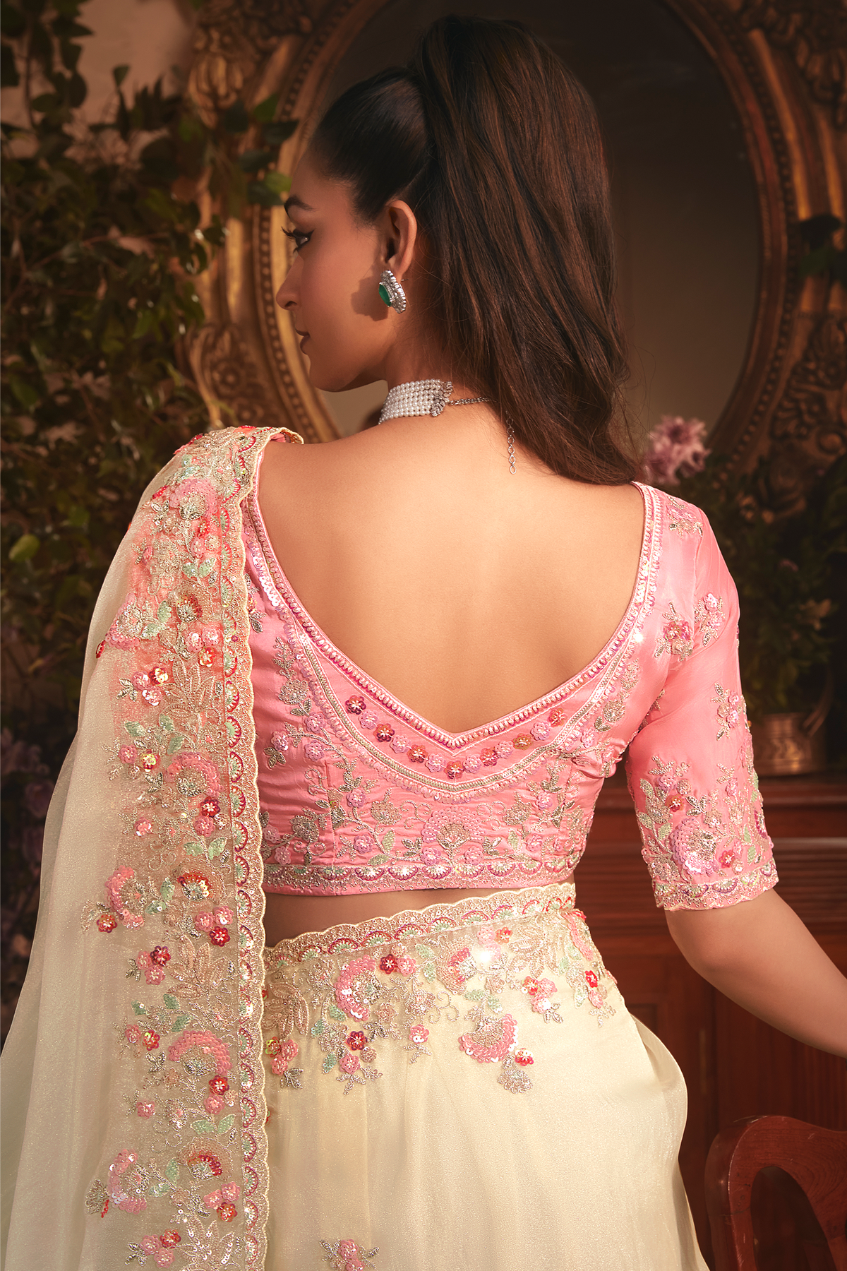 Ivory Cream Tissue with Pastel Pink Floral Embroidered Border & Shimmer Highlights
