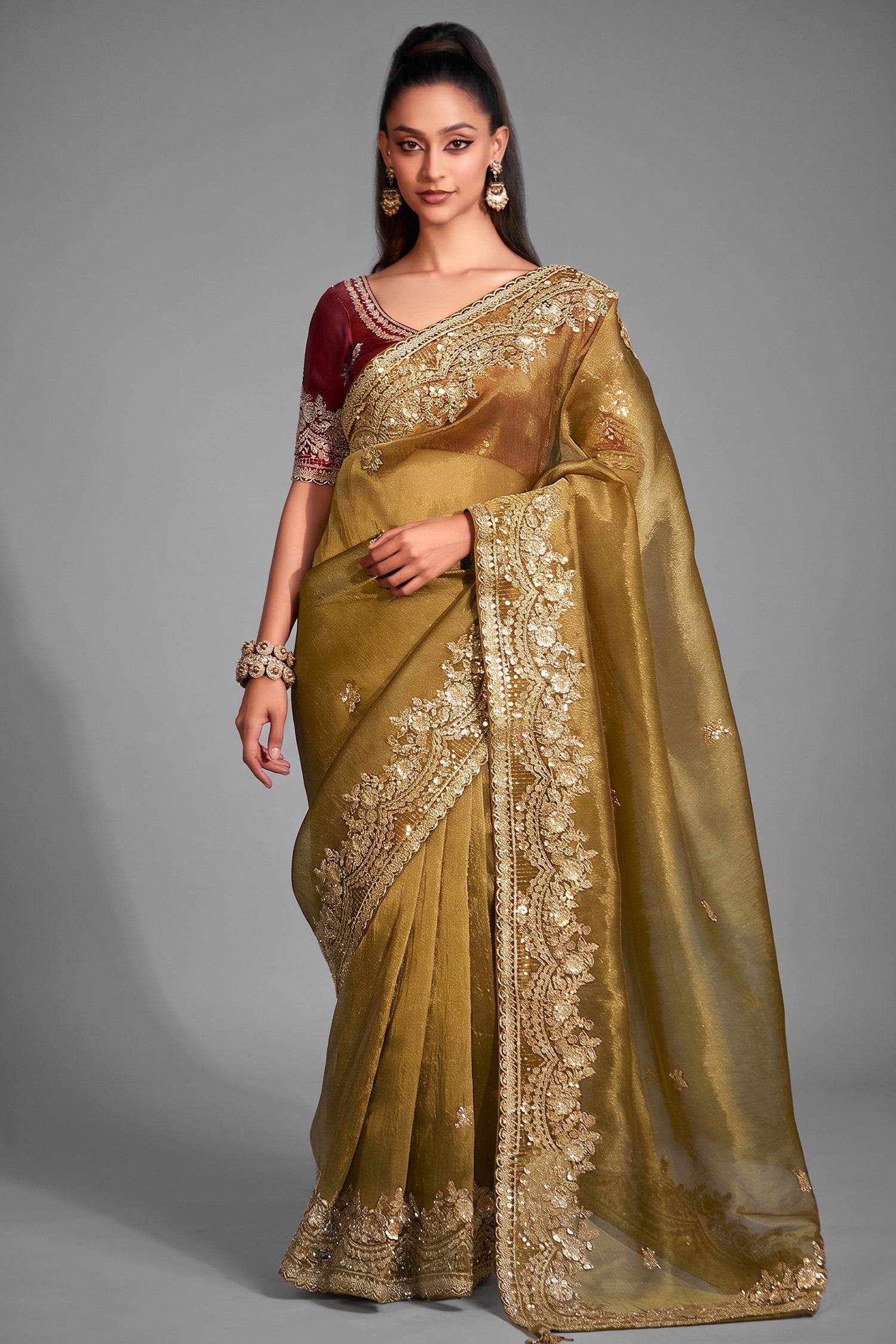Antique Olive Gold Tissue Organza with Embroidery Main image